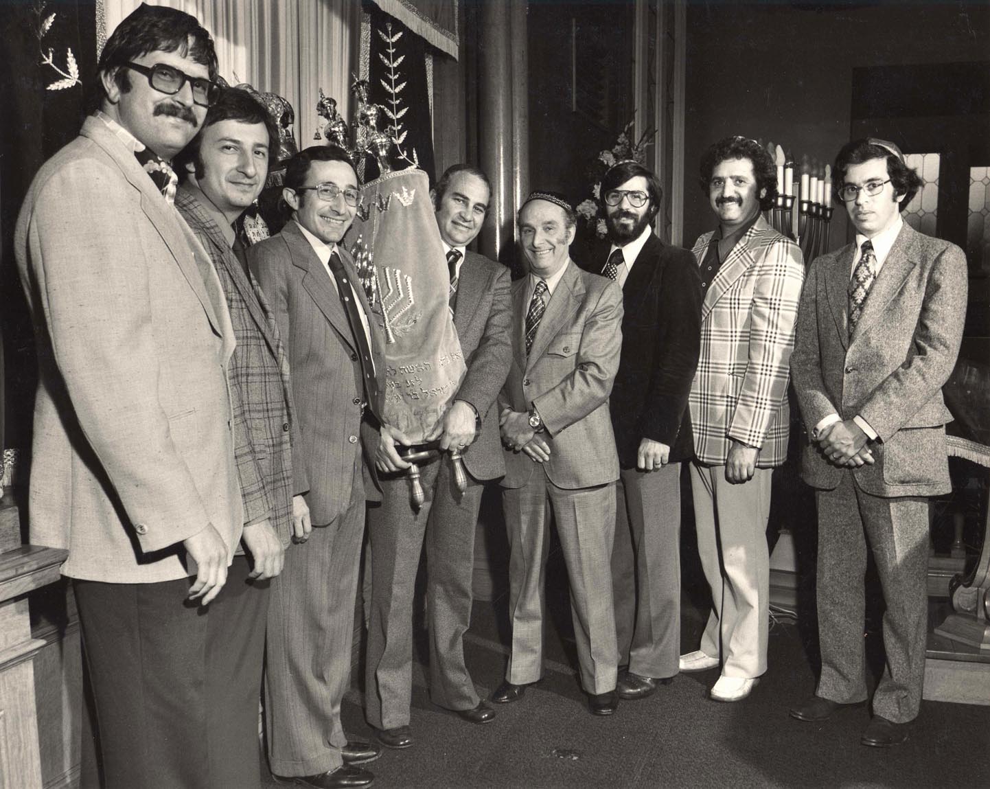A group of men with a Torah, Congregation Schara Tzedeck, Vancouver, B.C., 1975.